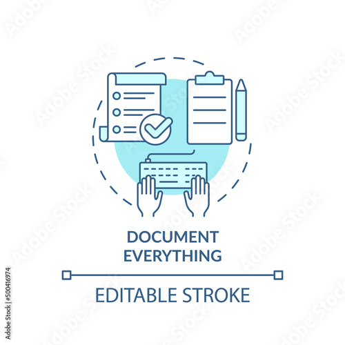 Document everything turquoise concept icon. Effective communication management abstract idea thin line illustration. Isolated outline drawing. Editable stroke. Arial, Myriad Pro-Bold fonts used