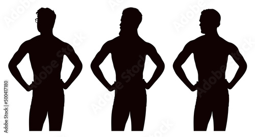 Set of three silhouettes of young shirtless athletic men with hands on hips. Shirtless men wearing underwear.