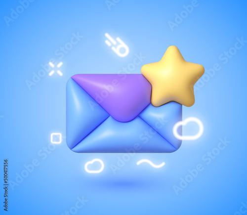 Email Favorites 3d Neon in 3d style on blue background. 3d render illustration. Isolated vector illustration. Business icon. Message notification icon. Render new email notification