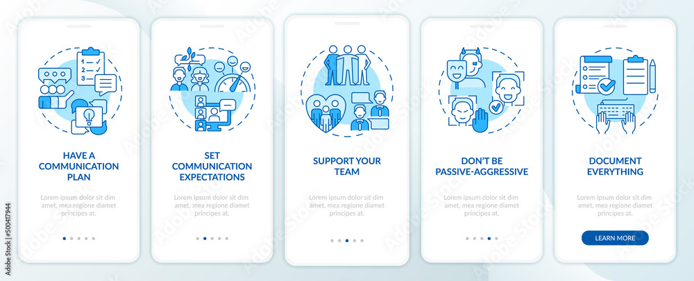 Effective communication management blue onboarding mobile app screen. Walkthrough 5 steps graphic instructions pages with linear concepts. UI, UX, GUI template. Myriad Pro-Bold, Regular fonts used