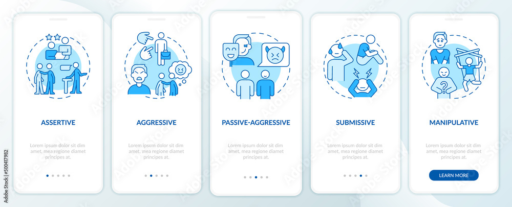 Basic communication styles blue onboarding mobile app screen. Walkthrough 5 steps graphic instructions pages with linear concepts. UI, UX, GUI template. Myriad Pro-Bold, Regular fonts used Basic communication styles blue onboarding mobile app screen. Walkthrough 5 steps graphic instructions pages with linear concepts. UI, UX, GUI template. Myriad Pro-Bold, Regular fonts used