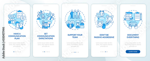 Effective communication management blue onboarding mobile app screen. Walkthrough 5 steps graphic instructions pages with linear concepts. UI, UX, GUI template. Myriad Pro-Bold, Regular fonts used