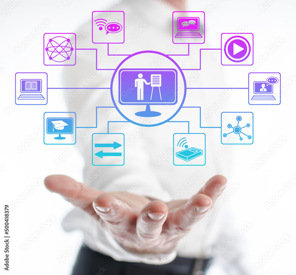 Online school concept levitating above a hand Online school concept levitating above a hand