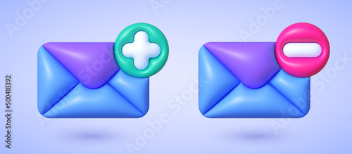 Mail 3d for paper design. Mail Plus and Minus. Render new email notification. Vector illustration design