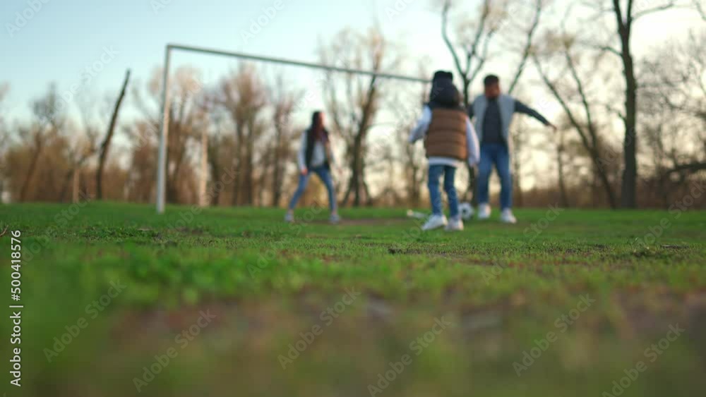 Family football. Happy family playing with a ball on meadow. Parents playing football on a green playground in summer day. Sport and Family. Family football. Happy family playing with a ball on meadow. Parents playing football on a green playground in summer day. Sport and Family.