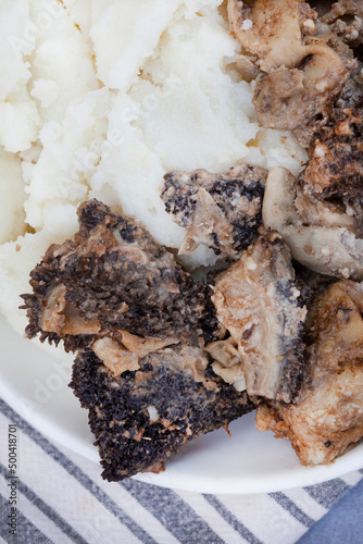 Mogodu, a Traditional South African stew made of chopped innards of a cow or tripe served with pap or maize meal. close up shot with details of texture of the tripe photo