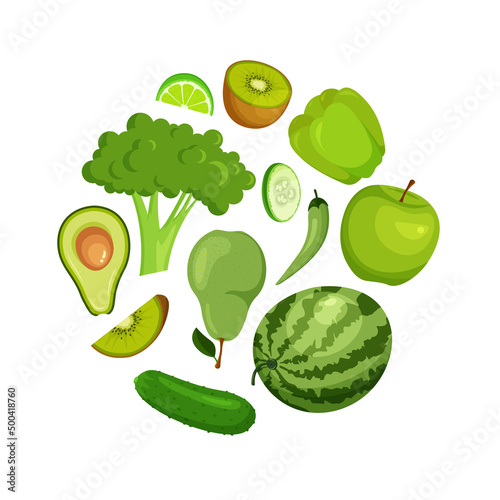 Mixed fruits and vegetables in green colors. Healthy lifestyle food concept. Circle composition of green food. Vector illustration isolated on white background.