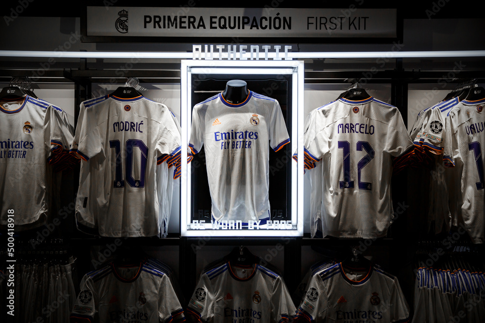 Real Madrid kit in the fan shop. Club store with team shirts. Photos |  Adobe Stock