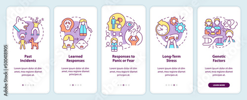 Phobia causes onboarding mobile app screen. Anxiety disorder walkthrough 5 steps graphic instructions pages with linear concepts. UI, UX, GUI template. Myriad Pro-Bold, Regular fonts used