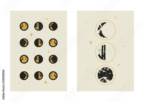 Mid century modern abstract sun and mon poster wall art print. Vector illustration
