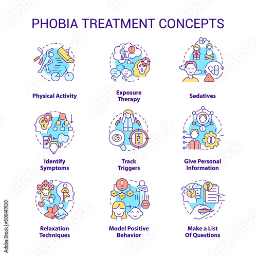 Phobia treatment concept icons set. Therapy techniques. Anxiety disorder idea thin line color illustrations. Isolated symbols. Editable stroke. Roboto-Medium, Myriad Pro-Bold fonts used