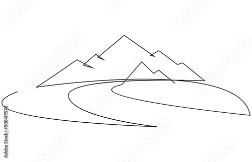 Mountain landscape with river. Minimalistic continuous one line drawing. Travel graphics. Vector illustration. Black on white.