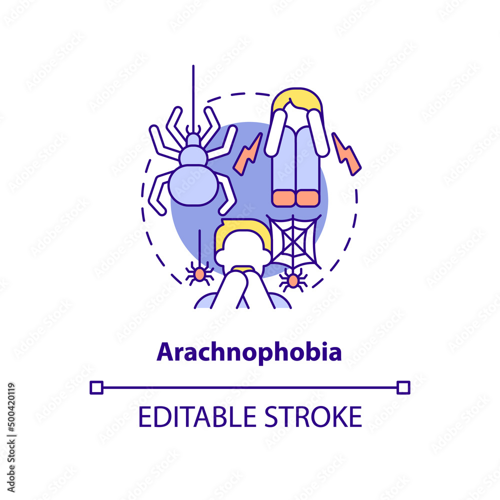 Arachnophobia concept icon. Intense fear of spiders. Most common phobia abstract idea thin line illustration. Isolated outline drawing. Editable stroke. Arial, Myriad Pro-Bold fonts used