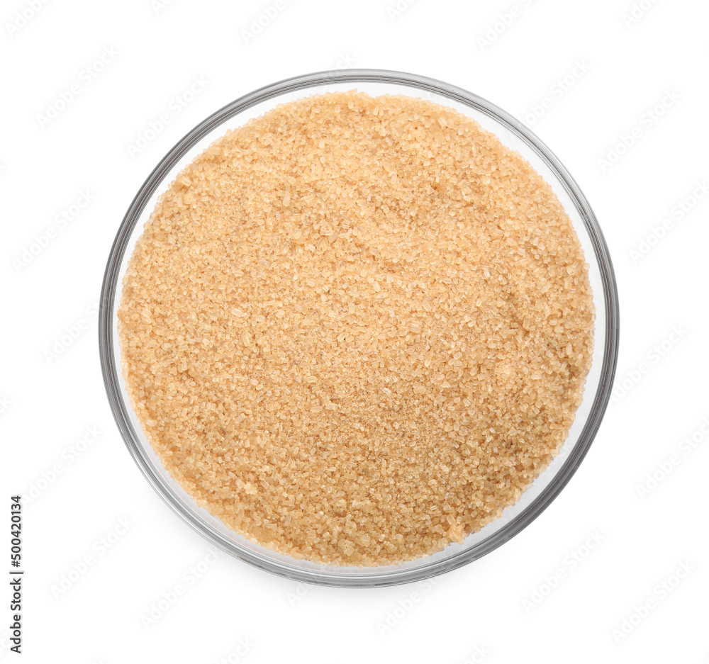 Glass bowl with brown sugar isolated on white, top view Glass bowl with brown sugar isolated on white, top view
