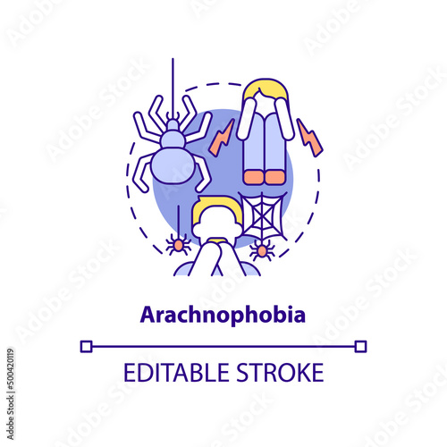 Arachnophobia concept icon. Intense fear of spiders. Most common phobia abstract idea thin line illustration. Isolated outline drawing. Editable stroke. Arial, Myriad Pro-Bold fonts used
