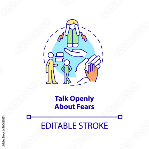 Talk openly about fears concept icon. Support kids. Helping child abstract idea thin line illustration. Isolated outline drawing. Editable stroke. Arial, Myriad Pro-Bold fonts used