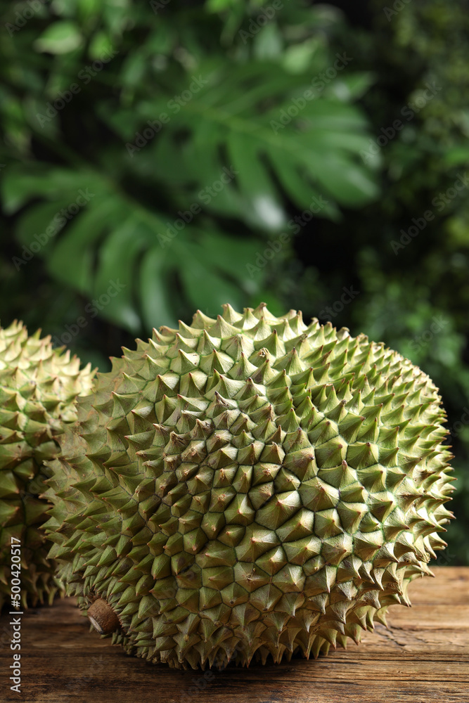 Ripe durians on wooden table against blurred background. Space for text Ripe durians on wooden table against blurred background. Space for text