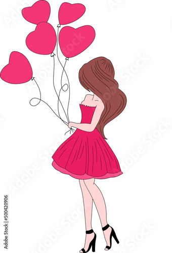 vector image of woman holding balloon, for coloring book.