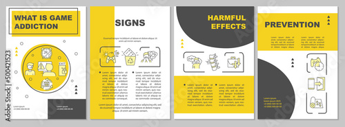 What is game addiction yellow brochure template. Signs and effects. Leaflet design with linear icons. 4 vector layouts for presentation, annual reports. Arial, Myriad Pro-Regular fonts used