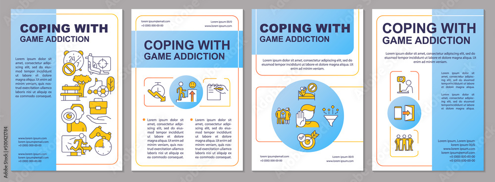 Coping with game addiction blue brochure template. Break with bad habit ...
