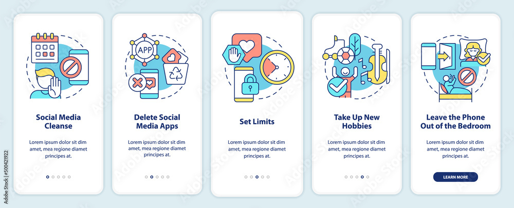 Ways to break social media addiction onboarding mobile app screen. Detox walkthrough 5 steps graphic instructions pages with linear concepts. UI, UX, GUI template. Myriad Pro-Bold, Regular fonts used