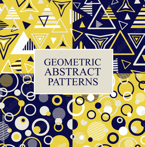 Bundle collection of circular and triangular geometric modern shapes seamless repeat patterns.