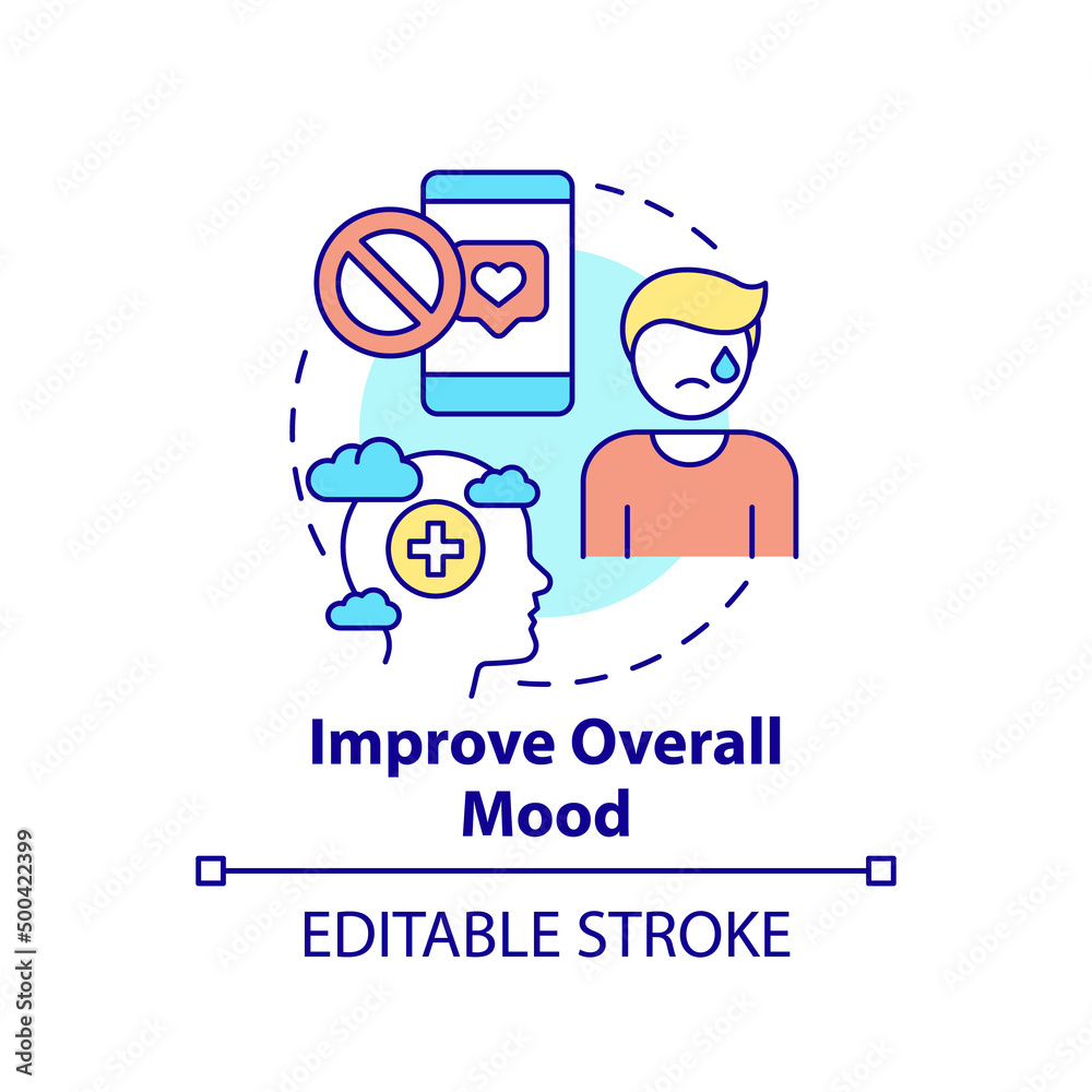 Improve overall mood concept icon. Developing depression. Social media detox reason abstract idea thin line illustration. Isolated outline drawing. Editable stroke. Arial, Myriad Pro-Bold fonts used Improve overall mood concept icon. Developing depression. Social media detox reason abstract idea thin line illustration. Isolated outline drawing. Editable stroke. Arial, Myriad Pro-Bold fonts used