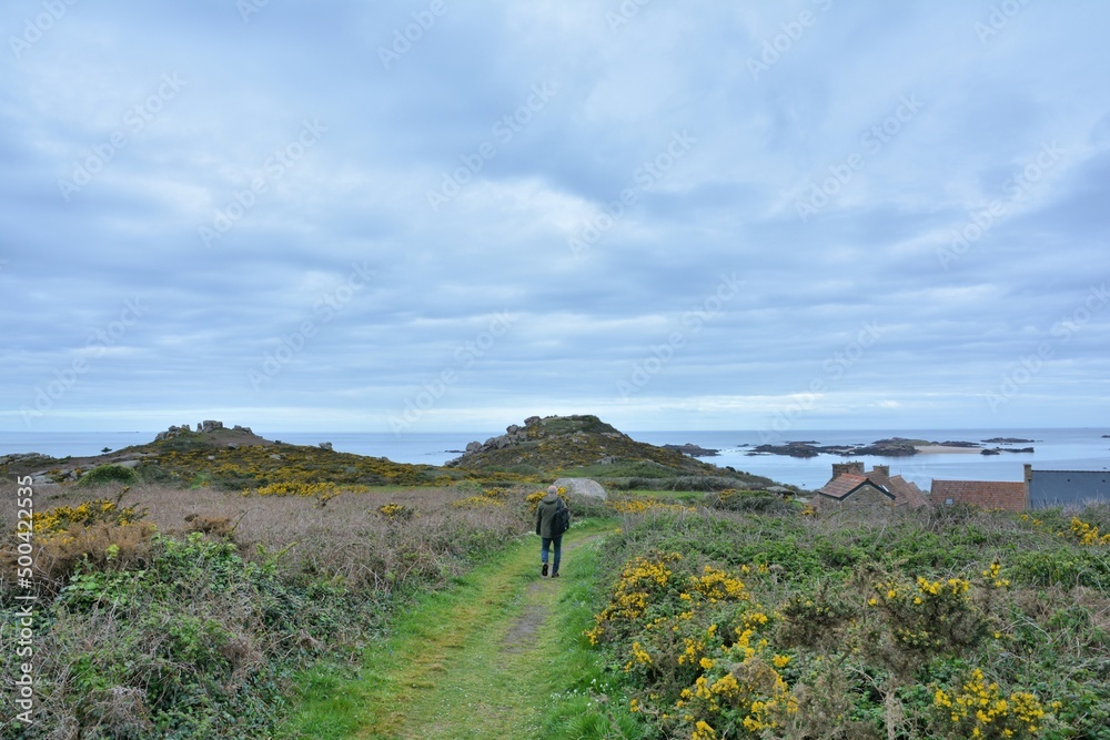 People walking on the Milliau island of Trebeurden in Brittany-France People walking on the Milliau island of Trebeurden in Brittany-France
