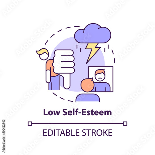 Low self esteem concept icon. Compare with others. Downside of social media abstract idea thin line illustration. Isolated outline drawing. Editable stroke. Arial, Myriad Pro-Bold fonts used