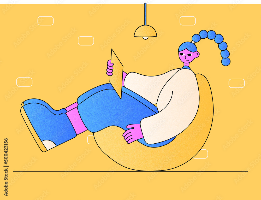 Obraz premium business woman working from home sitting on a beanbag vector illustration
