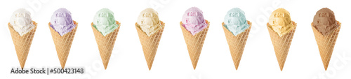 Set with different tasty ice creams in wafer cones on white background. Banner design