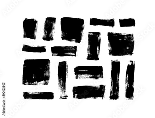 Abstract black grunge squares and lines collection. Vector black painted squares or rectangular shapes. Vertical and horizontal rectangles. Set of grunge square template backgrounds. 