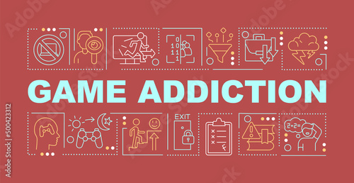 Game addiction word concepts red banner. Emotional obsession problem. Infographics with icons on color background. Isolated typography. Vector illustration with text. Arial-Black font used