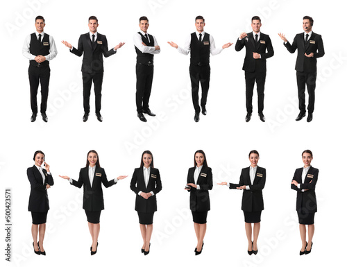 Collage with photos of receptionists on white background