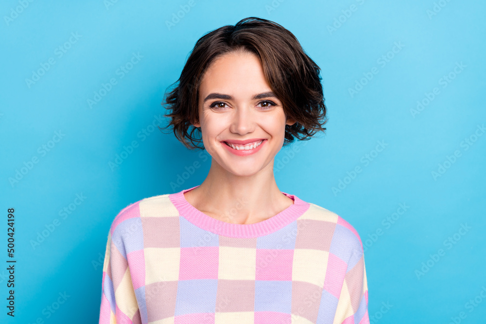 Fototapeta premium Photo of youth cheerful girl good mood toothy smile visit dentist oral care isolated over blue color background