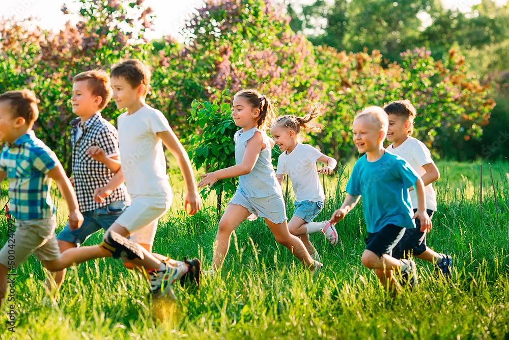 Fototapeta premium A group of happy children of boys and girls run in the Park on the grass on a Sunny summer day.