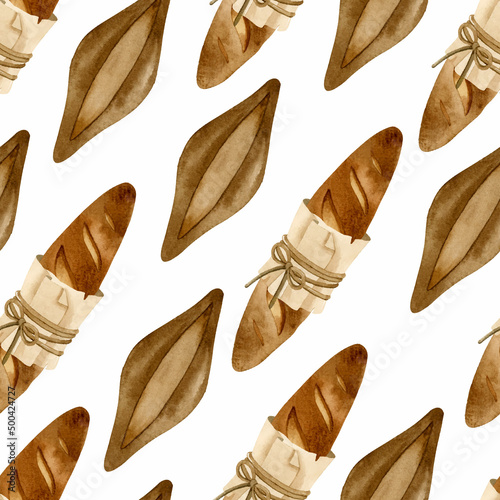 Rye bread and baguette watercolor seamless pattern 