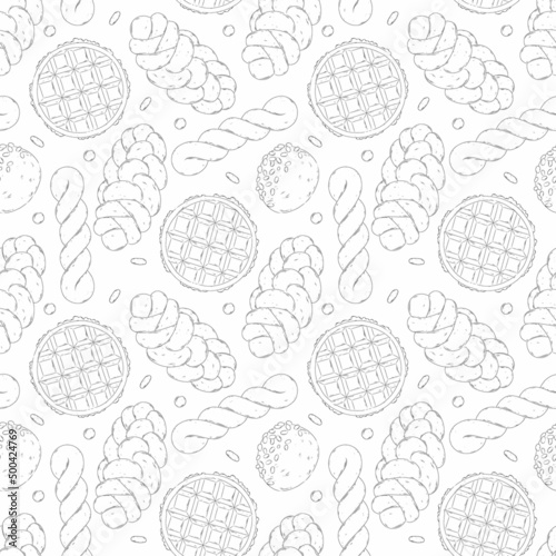 Graphic bread, waffle and twisted donut seamless pattern