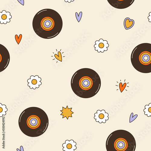 Seamless vector pattern with vinyl records in groovy style. 60s, 70s, 80s, vibes funky background. Retro music equipment illustration. Vintage nostalgia texture for design and print