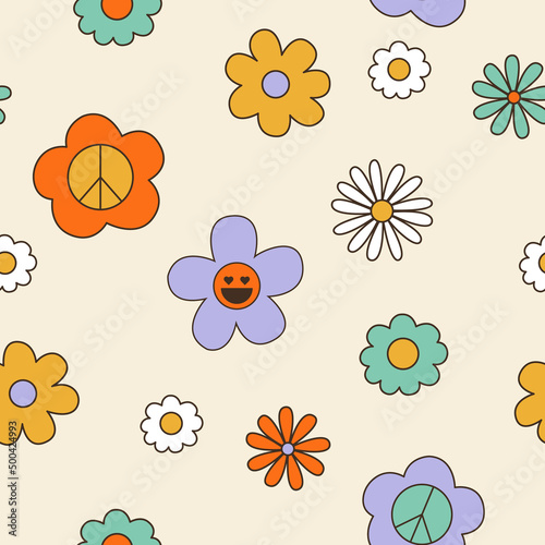Seamless vector pattern with abstract groovy flowers. 70s, 80s, 90s vibes funky floral background. Vintage nostalgia texture for design and print