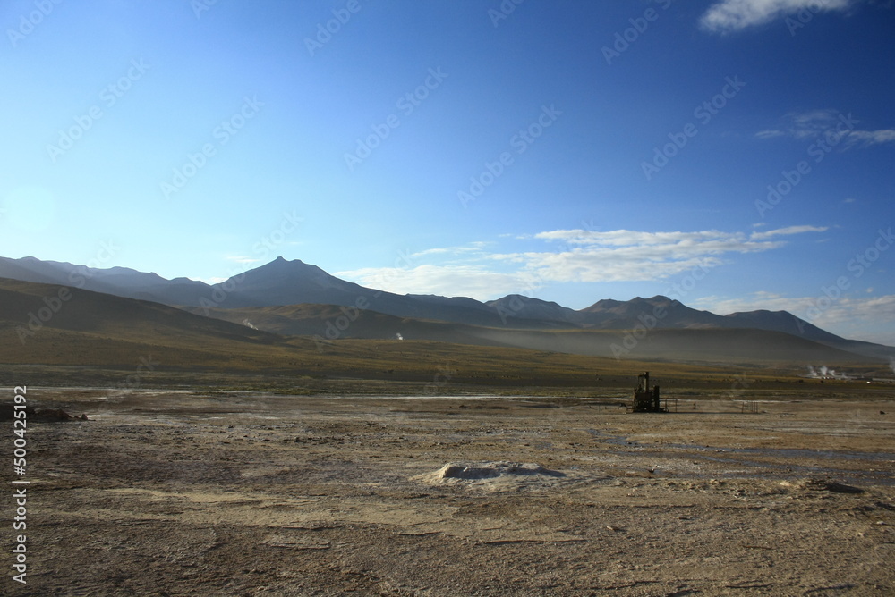 Freezing daybreak in the Geiseres de Tatio, a natural spectacle. Atacama Desert, Chile.