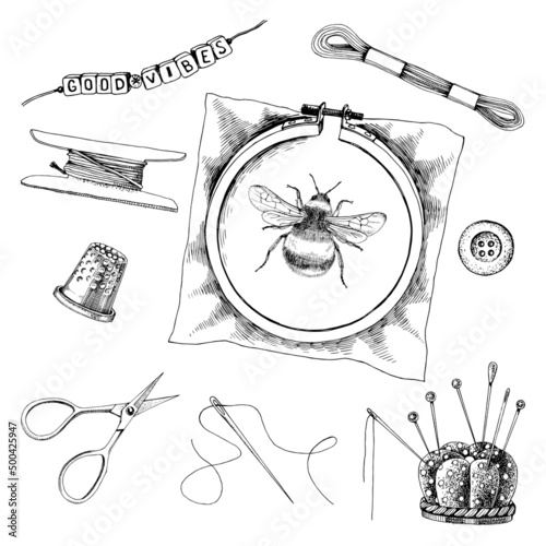 Monochrome set of hand drawn vintage sewing tools.