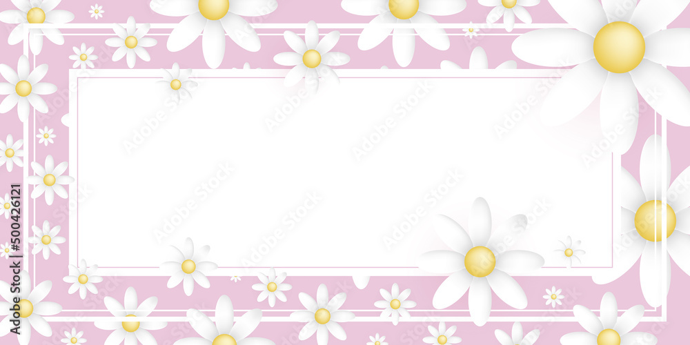 White rectangular frame with White and yellow flowers all around on a pink background with space for text White rectangular frame with White and yellow flowers all around on a pink background with space for text