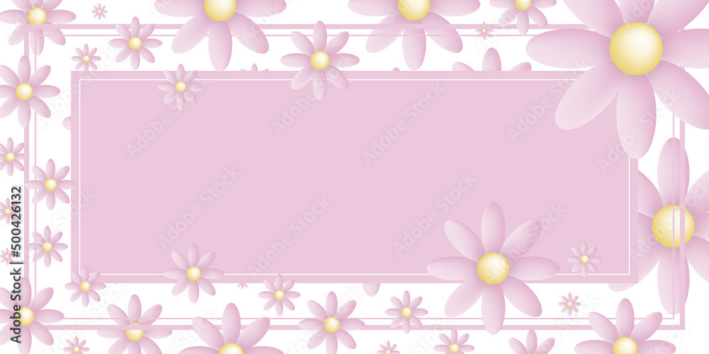 Pink rectangular frame with pink and yellow flowers all around on a white background with space for text Pink rectangular frame with pink and yellow flowers all around on a white background with space for text
