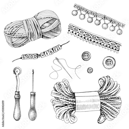 Monochrome set of hand drawn vintage sewing tools.