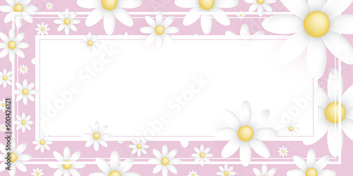 White rectangular frame with White and yellow flowers all around on a pink background with space for text