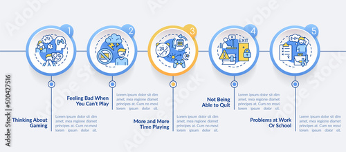 Signs of game addiction circle infographic template. Mental disorder. Data visualization with 5 steps. Process timeline info chart. Workflow layout with line icons. Lato-Bold, Regular fonts used
