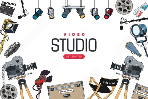 Background mockup for video studio. Poster design with a set of equipment and tools for the film industry and filming video clips. Vector illustration