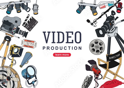 Video production. Background design with a set of equipment and tools for the film making and video contents creation. Vector illustration