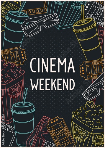 Cinema weekend. Ready poster for the movie theater. Trendy retro futuristic graphics style and design elements. Vector illustration